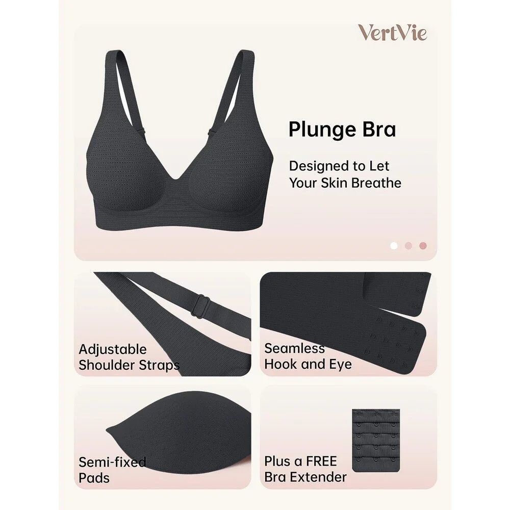Vertvie Women's Black Jelly Wireless Bras Push Up Plunge Seamless T-shirt No XL